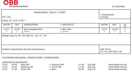 ÖBB Sparschiene Ticket 12. Juli 2022 von Wels nach Bern